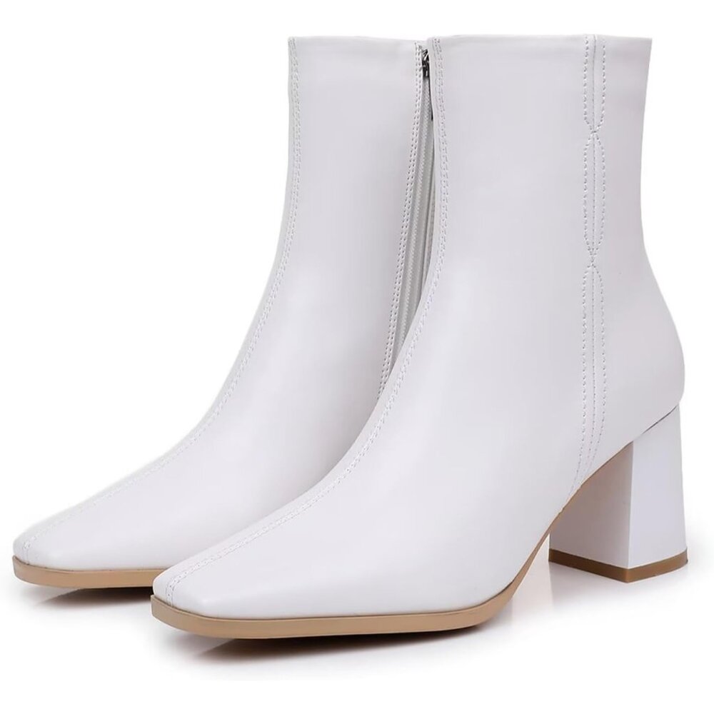 Women's White Ankle Boots Square Toe Chunky Block Heel Short with Side Zipper